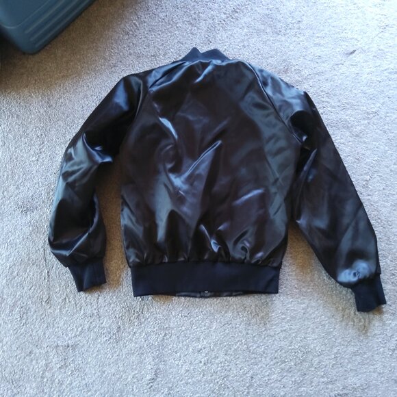 BLACK SATIN SHINY VARSITY JACKET - Picture 3 of 5